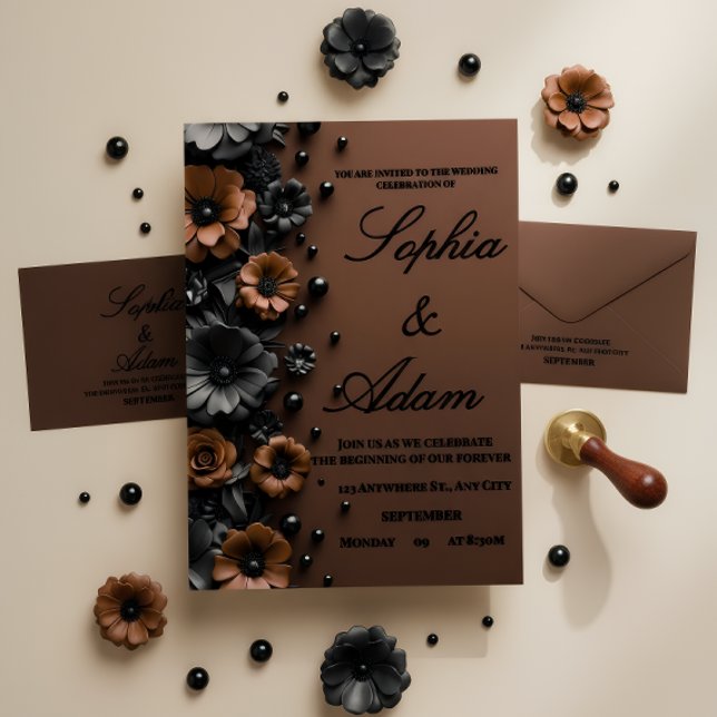 Luxury 3D Floral Bronze & Black Wedding Invitation Tilläggskort (Skapare uppladdad)