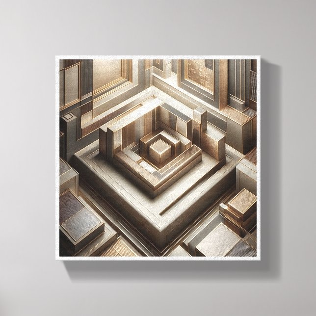 Luxury 3D Geometric Maze - Modern Gold & Grey Arch Canvastryck (Framsida)