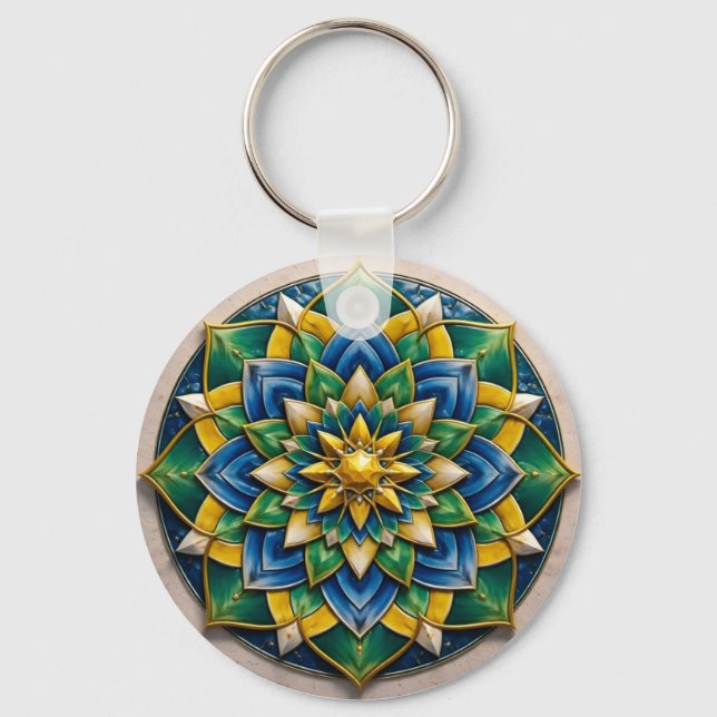 Luxury 3D Mandala Keychain - Geometric Gold & Gree Nyckelring (Framsida)