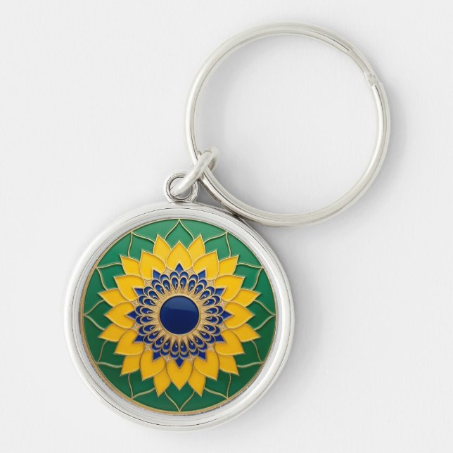 Luxury 3D Solar Mandala Keychain - Gold & Emerald  Rund Silverfärgad Nyckelring (Framsidan)
