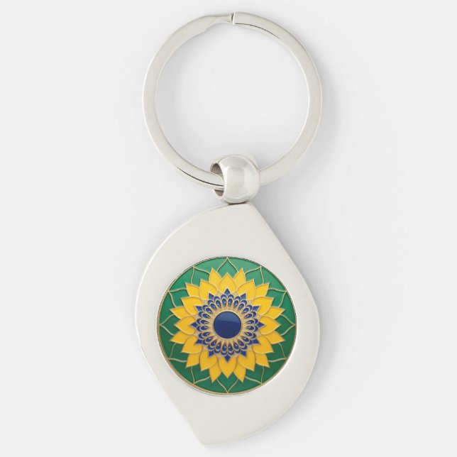 Luxury 3D Solar Mandala Keychain - Gold & Emerald  Swirl Silverfärgad Nyckelring (Framsidan)