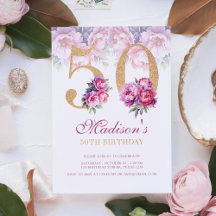 Luxury 50 Birthday Blommigt Rosa Guld Glitter