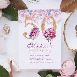 Luxury 50 Birthday Blommigt Rosa Guld Glitter Inbjudningar