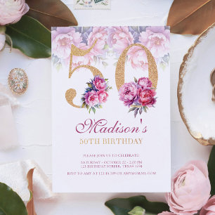 Luxury 50 Birthday Blommigt Rosa Guld Glitter Inbjudningar