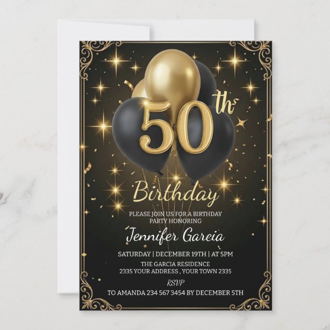 Luxury 50th Birthday Black Gold Balloon Glitter Inbjudningar (Framsida)