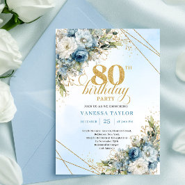 Luxury 80th Birthday Invite Boho Dusty Blue Gold Inbjudningar
