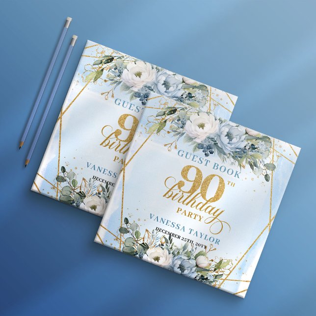 Luxury 90th Birthday Dusty Blue Floral Gold Frame  Gästböcker (Luxury 90th Birthday Dusty Blue Floral Gold Frame Guest Book

)