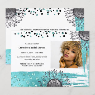 Luxury aqua grått konetti glitter solros party inbjudningar