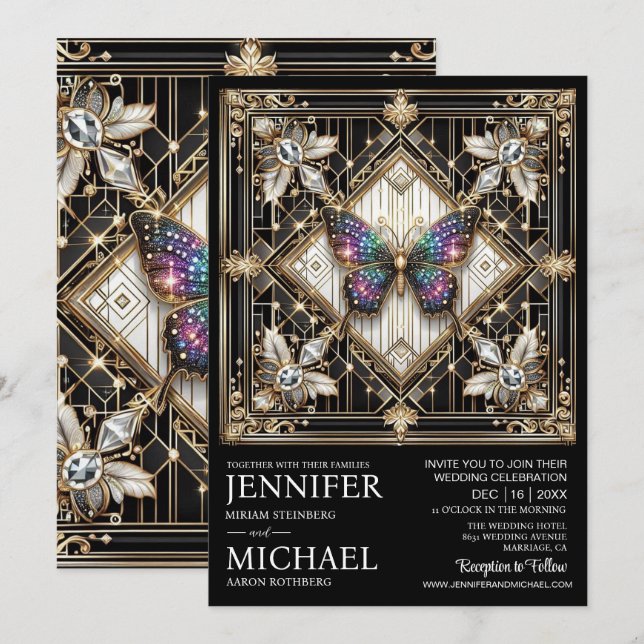Luxury Art Deco Rainbow Butterfly Wedding  Inbjudningar (Fram/baksida)