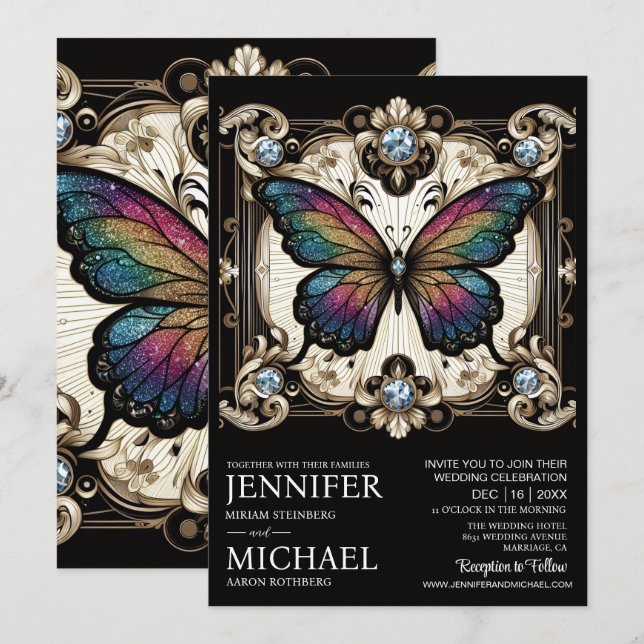 Luxury Art Deco Rainbow Butterfly Wedding  Inbjudningar (Fram/baksida)