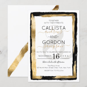 Luxury Artsy Black Guld Brushstroke Gräns Bröllop Inbjudningar