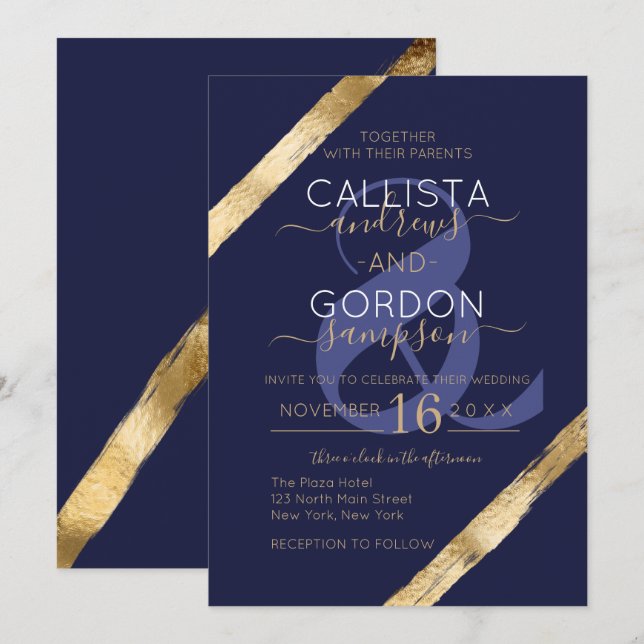 Luxury Artsy Navy Blue Guld Brushstrokes Bröllop Inbjudningar (Fram/baksida)