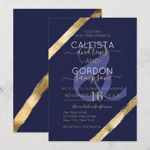 Luxury Artsy Navy Blue Guld Brushstrokes Bröllop Inbjudningar
