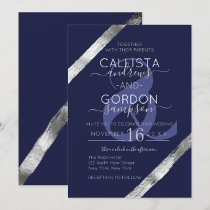 Luxury Artsy Navy Blue Silver Brushstrokes Bröllop Inbjudningar