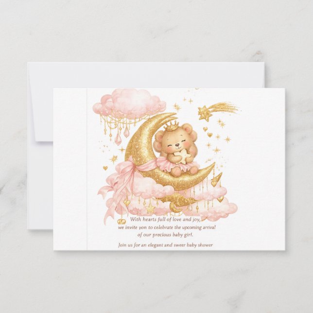 Luxury Baby Girl Shower Invitation Pink Gold Moon  Spara Datumet (Framsida)