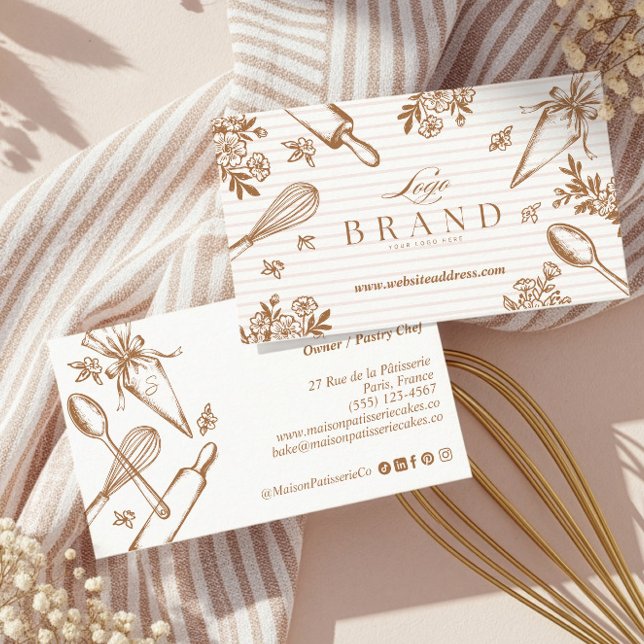 Luxury Baking Utensil Pastry Cake Bakery Shop Logo Visitkort (Stripe Baking Utensil Pastry Cake Bakery Shop Logo Business Card)