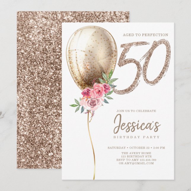 Luxury Balloon Beige Glitter 50:e födelsedagen Inbjudningar (Fram/baksida)