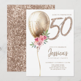 Luxury Balloon Beige Glitter 50:e födelsedagen Inbjudningar
