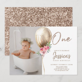 Luxury Balloon Glitter första födelsedagsfoto Inbjudningar