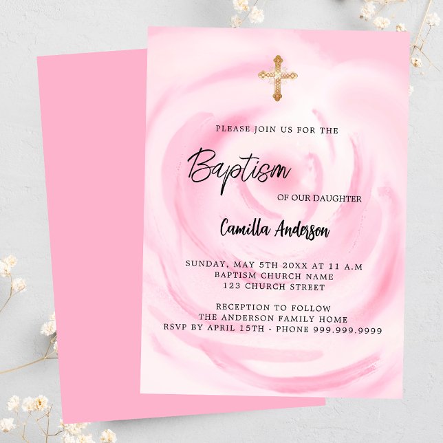 Luxury Baptism i mjuk rosa blommigt Inbjudningar (Skapare uppladdad)
