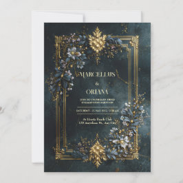 Luxury Baroque Gold Frame Dark Teal Floral Wedding Inbjudningar