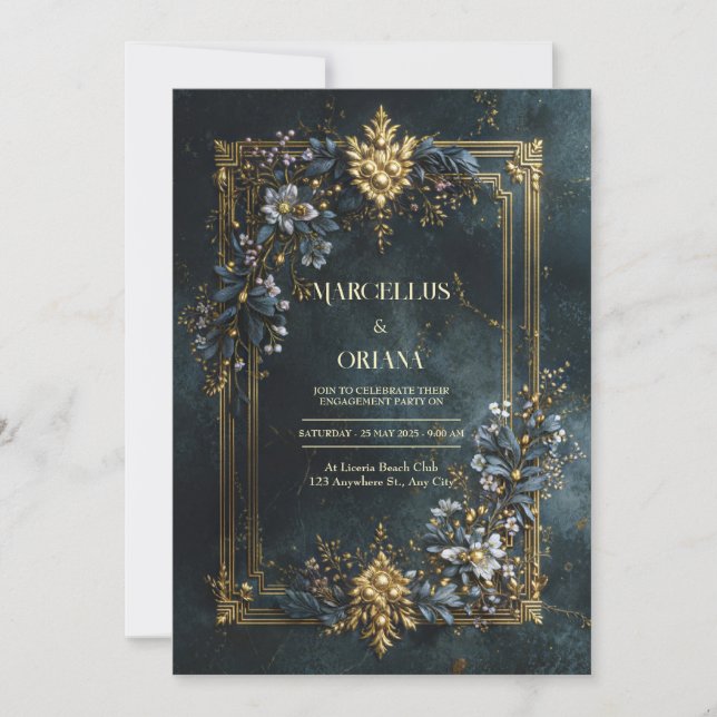 Luxury Baroque Gold Frame Dark Teal Floral Wedding Inbjudningar (Framsida)