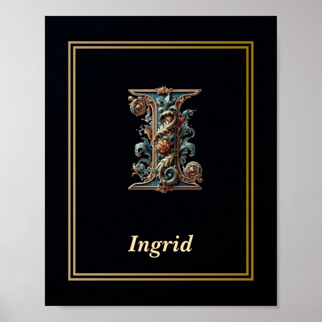 Luxury Baroque Letter I Monogram Poster  (Framsidan)