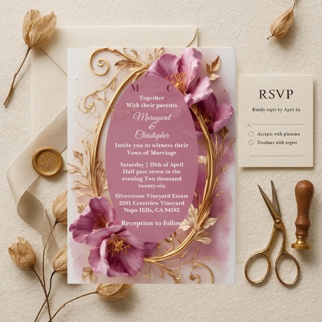 Luxury Baroque Opulent Mulberry Tulip Gold Wedding Inbjudningar (Luxury Baroque Opulent Mulberry Tulip Gold Wedding Invitation)