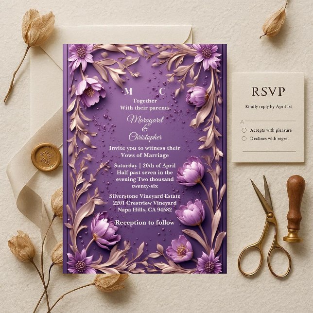 Luxury Baroque Opulent Purple Tulips Gold Wedding  Inbjudningar (Luxury Baroque Opulent Purple Tulips Gold Wedding Invitation)