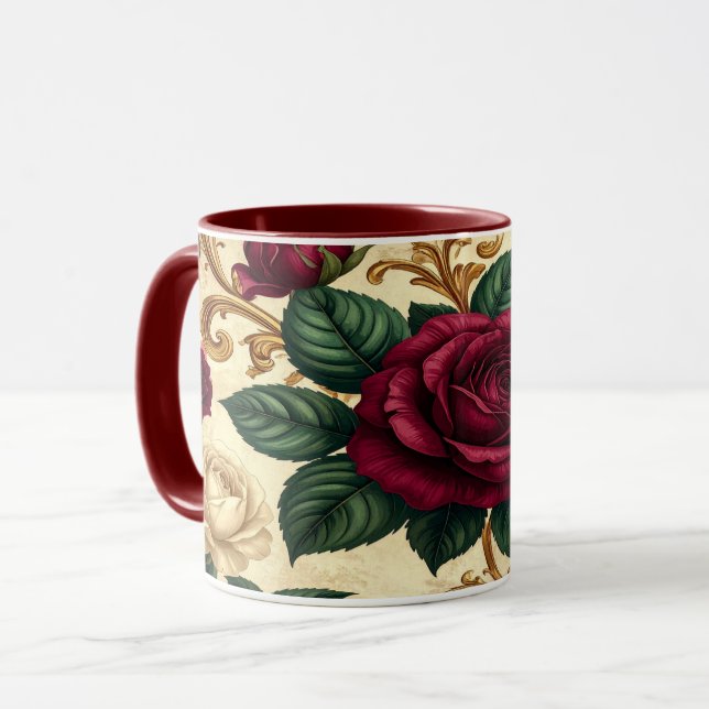 Luxury Baroque Roses Design - Burgundy Cream Flowe Mugg (Framsida vänster)