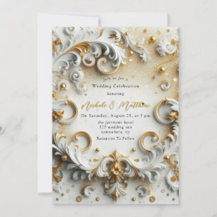 Luxury Baroque Stil White Guld Bröllop Inbjudningar