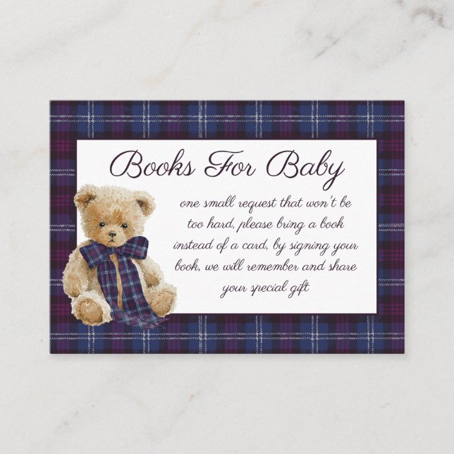 Luxury Bear Plaid Bow Baby Shower Book Request Tilläggskort (Framsida)