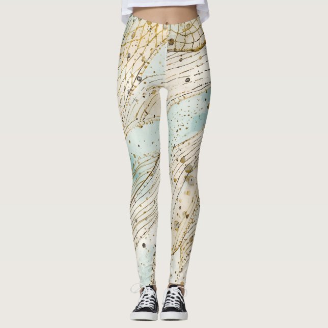 Luxury, Beautiful Gold Beigi Soft Blue Pattern Leggings (Framsida)