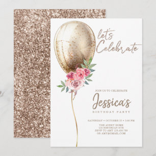 Luxury Beige Balloon Glitter Birthday bjudande Inbjudningar
