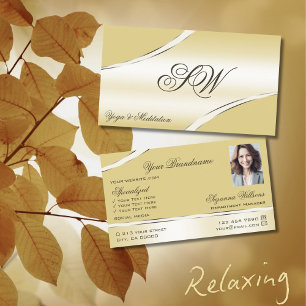 Luxury Beige Cream Curved Linjer Monogram och Phot Visitkort