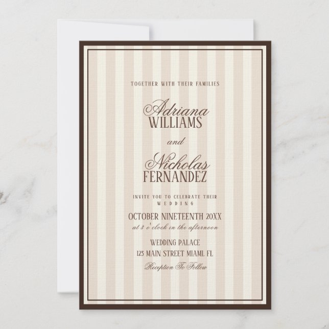 Luxury Beige Espresso Stripes Wedding Inbjudningar (Framsida)