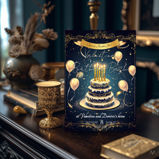 Luxury Birthday Cake | Elegant Guld och marin Inbjudningar