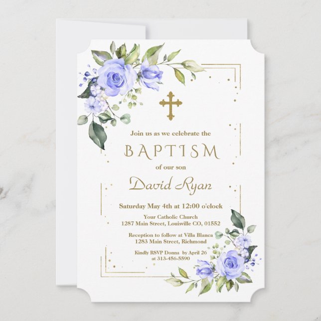 Luxury Blåa blommor Guld Glitter Boy Baptism Inbjudningar (Framsida)