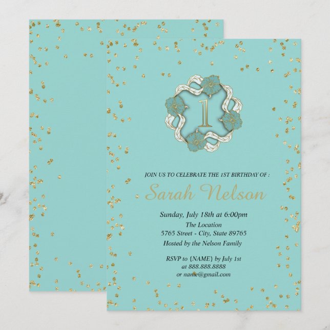 Luxury Blåa blommor Guld Glitter Party Inbjudningar (Fram/baksida)