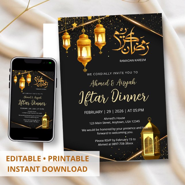 Luxury Black and Gold Lantern Iftar Dinner Inbjudningar (Skapare uppladdad)