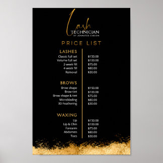 Luxury Black and Gold Lash Tech Price List Poster