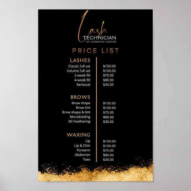 Luxury Black and Gold Lash Tech Price List  Poster (Framsidan)