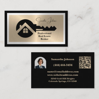 Luxury Black and Gold QR Code Photo Real Estate Visitkort
