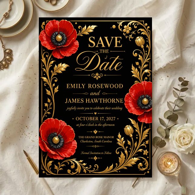 Luxury Black and Gold Red Poppy Spara Datumet (Skapare uppladdad)