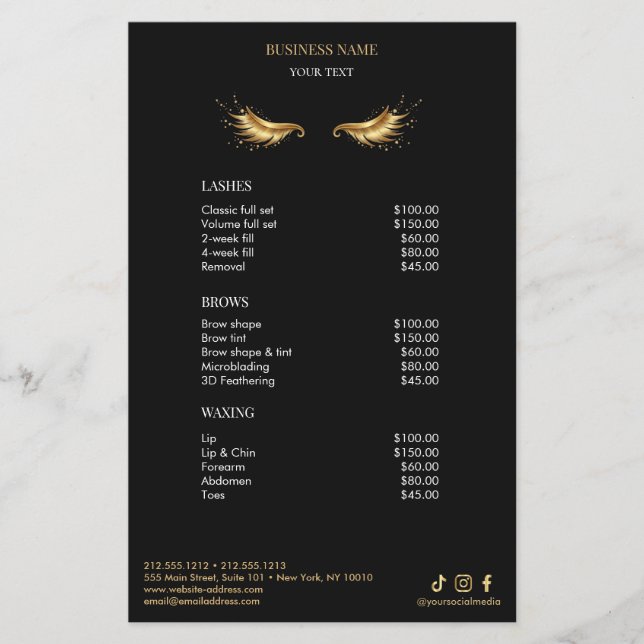 Luxury Black and Gold Salon Price List Menu Flygblad (Framsidan)
