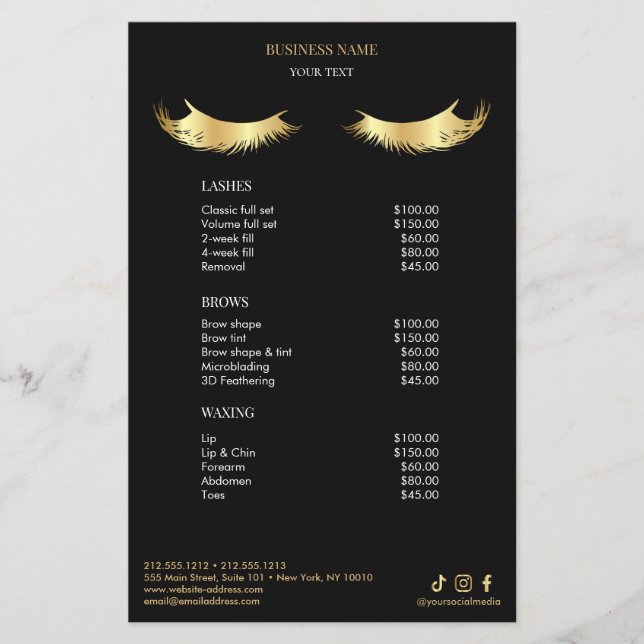 Luxury Black and Gold Salon Price List Menu Flygblad (Framsidan)