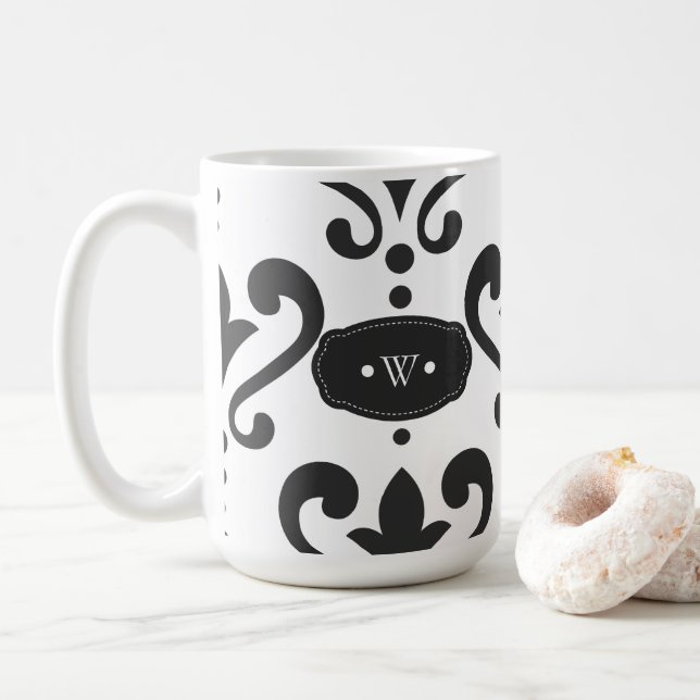 Luxury Black and White Damask Kaffemugg (Med munk)