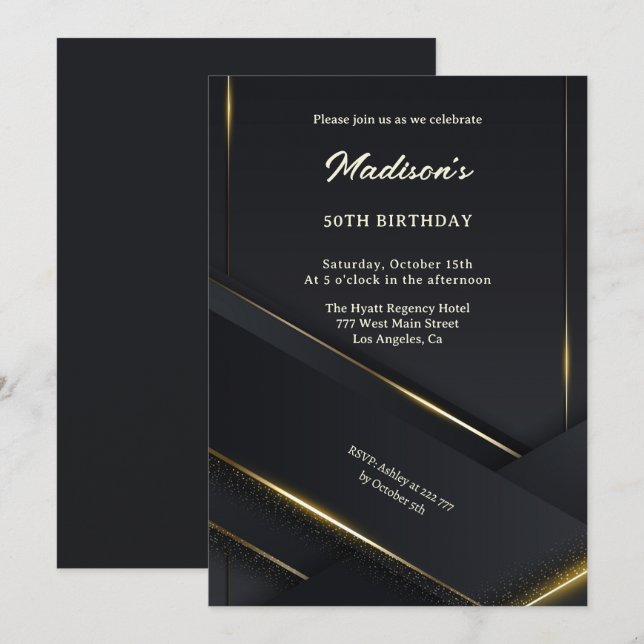 Luxury Black Background Guld Linjer Birthday Inbjudningar (Fram/baksida)