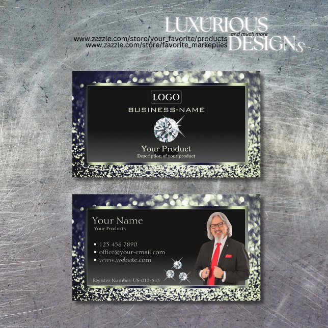 Luxury Black Blue Glitter med Logotyp Diamonds Pho Visitkort (Skapare uppladdad)