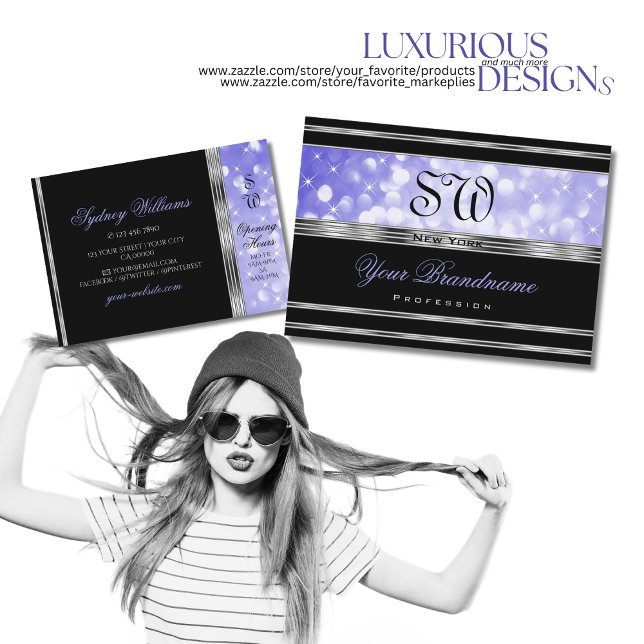 Luxury Black Blue Glitter Monogram Silver Visitkort (Skapare uppladdad)